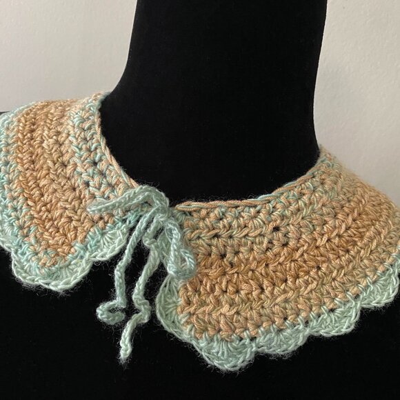 Handmade Crochet Light Teal Blue Gold Wool Blend Collar Neckwear Accessory - Picture 2 of 6